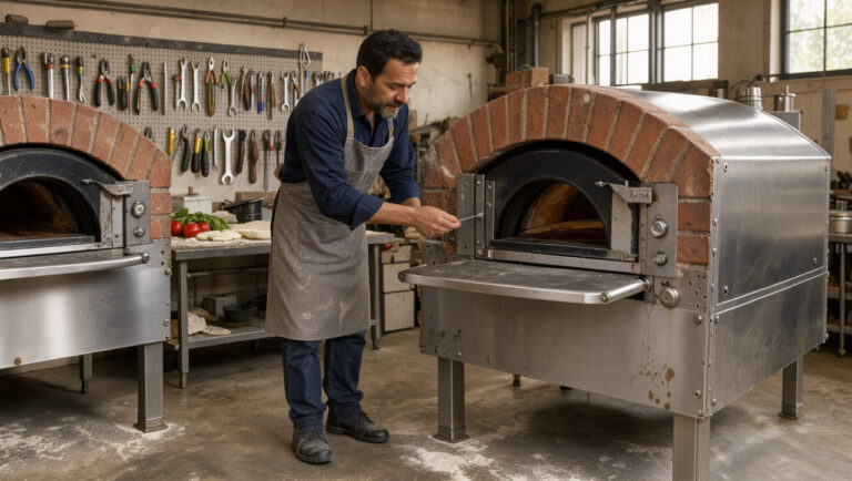 Deux fours à pizza professionnels sont inspectés dans un atelier propre et lumineux, mettant en valeur leur fabrication robuste et leurs matériaux de qualité.
