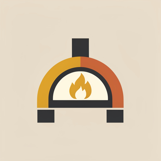 Emblème minimaliste représentant un four à pizza domestique stylisé avec une flamme, dans des tons terracotta, jaune doré et charbon sur fond uni.