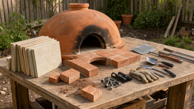 Kit de four à bois pour pizza présenté sur un établi extérieur avec dôme en terre cuite, briques réfractaires, panneaux isolants et outils de montage.