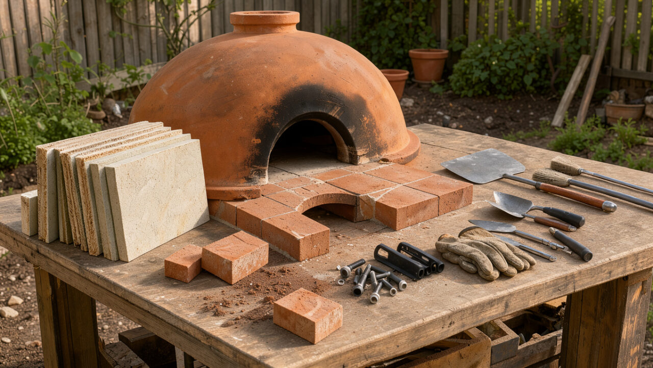 Kit de four à bois pour pizza présenté sur un établi extérieur avec dôme en terre cuite, briques réfractaires, panneaux isolants et outils de montage.
