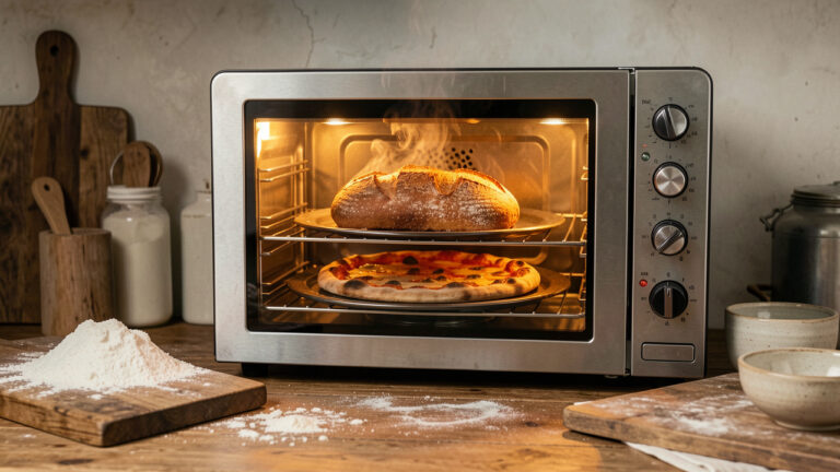Four électrique compact présentant un pain doré et une pizza fraîchement cuite dans une cuisine chaleureuse.