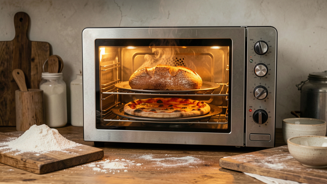 Four électrique compact présentant un pain doré et une pizza fraîchement cuite dans une cuisine chaleureuse.