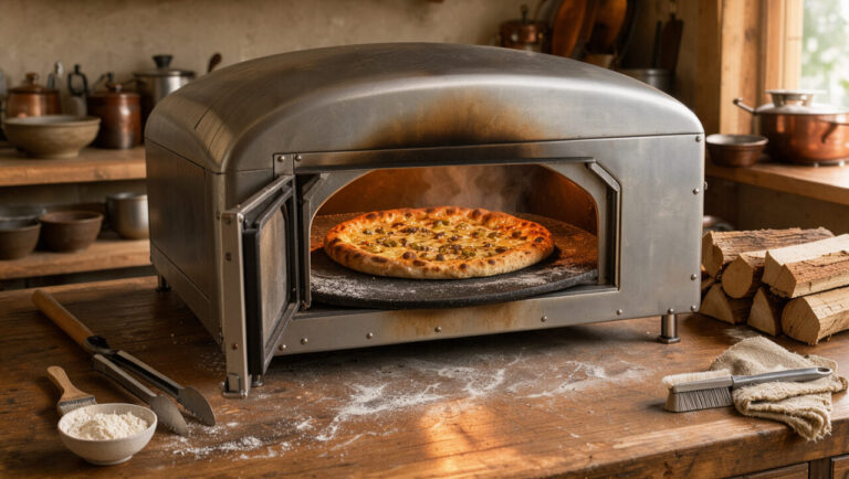 Four à pizza en acier inoxydable ouvert, avec une pizza cuite sur une pierre dans une cuisine rustique.
