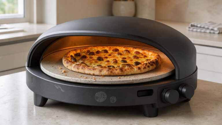 Four à pizza rond posé sur un plan de travail, avec une pizza dorée en cours de cuisson.