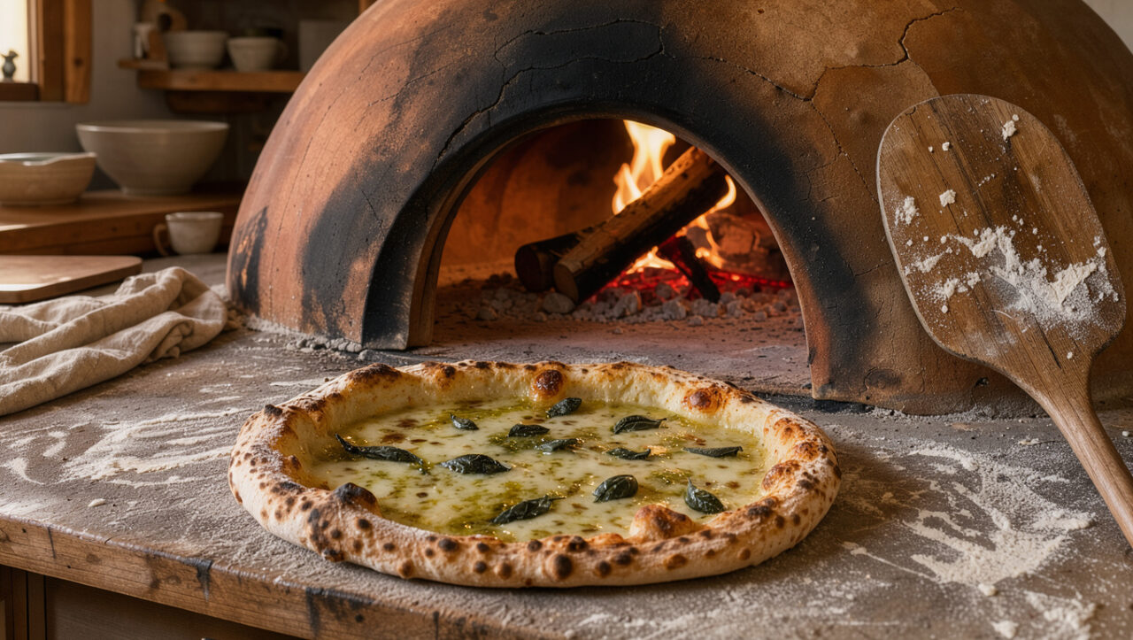 Four à pizza traditionnel en terre cuite avec braises ardentes et pizza fraîchement cuite sur une sole en pierre.