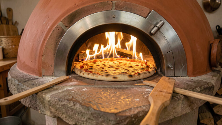 Four à bois traditionnel avec une flammekueche dorée en train de cuire sur une sole en pierre, dans une cuisine rustique.