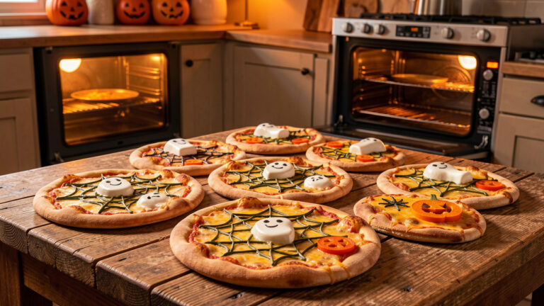 Dix pizzas d’Halloween décorées de fantômes en mozzarella, de motifs d’araignées et de visages de citrouille, disposées près d’un four électrique.