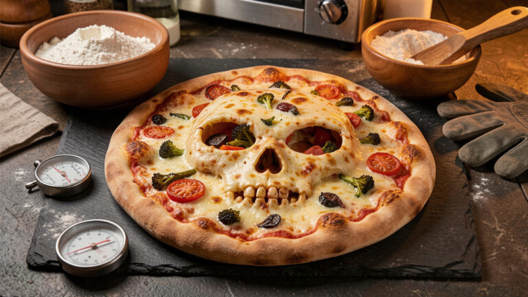 Pizza en forme de tête de mort, dorée et garnie de mozzarella, entourée d’accessoires de cuisson dans une cuisine rustique.
