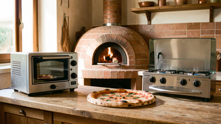 Différents types de fours à pizza italiens présentés dans une cuisine rustique, avec une pizza fraîchement cuite.