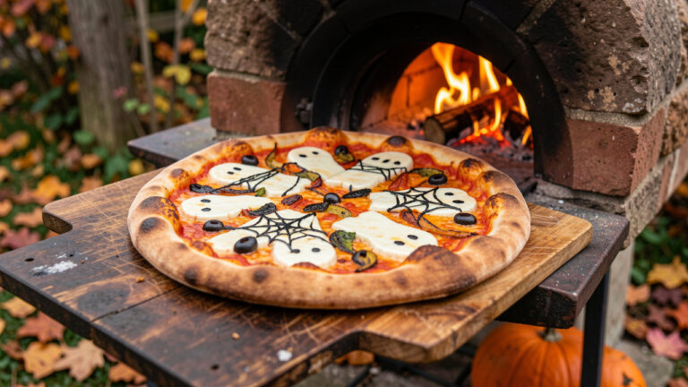 Pizza festive aux motifs fantomatiques, cuite dans un four à bois extérieur, avec une pâte dorée et des garnitures aux couleurs d’automne.