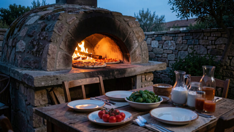 Un four à bois en pierre chauffe des pizzas fraîches au crépuscule, avec une table extérieure préparée dans une ambiance conviviale.